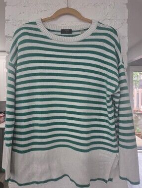 Tahari Green and White Striped Crewneck Sweater